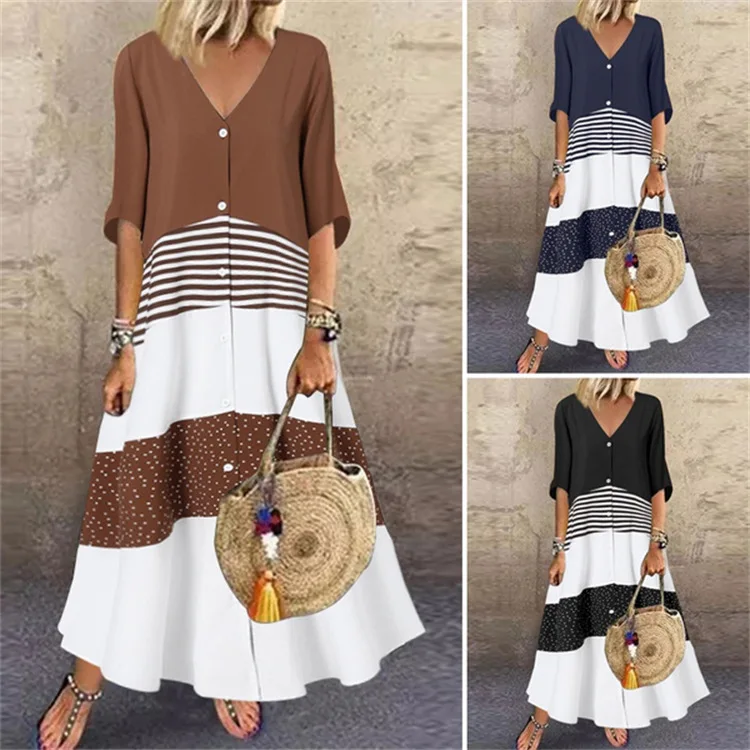 

2022 Summer New V Neck Short Sleeve Print Long Dress Button Casual Dress