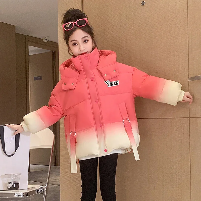 

Youth Girls Gradient Color Down Jackets Teens Turn-down Collar Parkas Kids White Duck Down Coats Winter Children's Warm Clothing