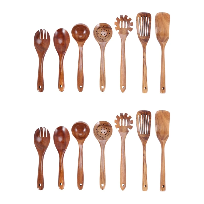 

HOT-Wooden Kitchen Utensils Set,Wooden Spoons For Cooking Natural Teak Wood Kitchen Spatula Set For Including 14 Pack
