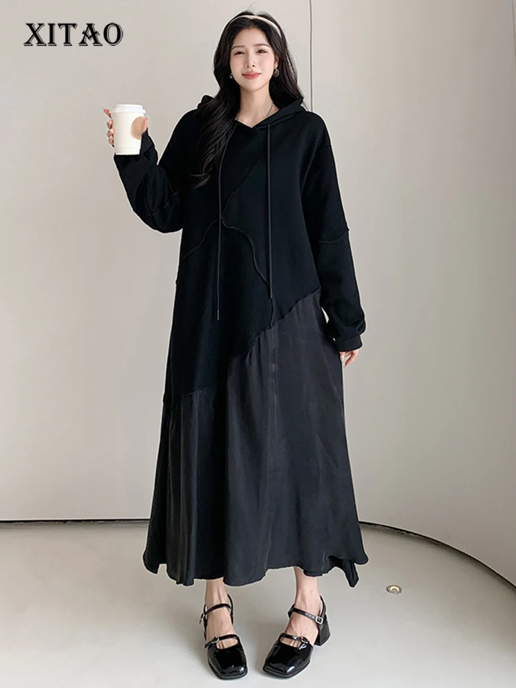 

XITAO Casual Hooded Dress Solid Color Fashion Patchwork Irregular Women Autumn Loose Appear Thin Street Wind Dress HQQ1456