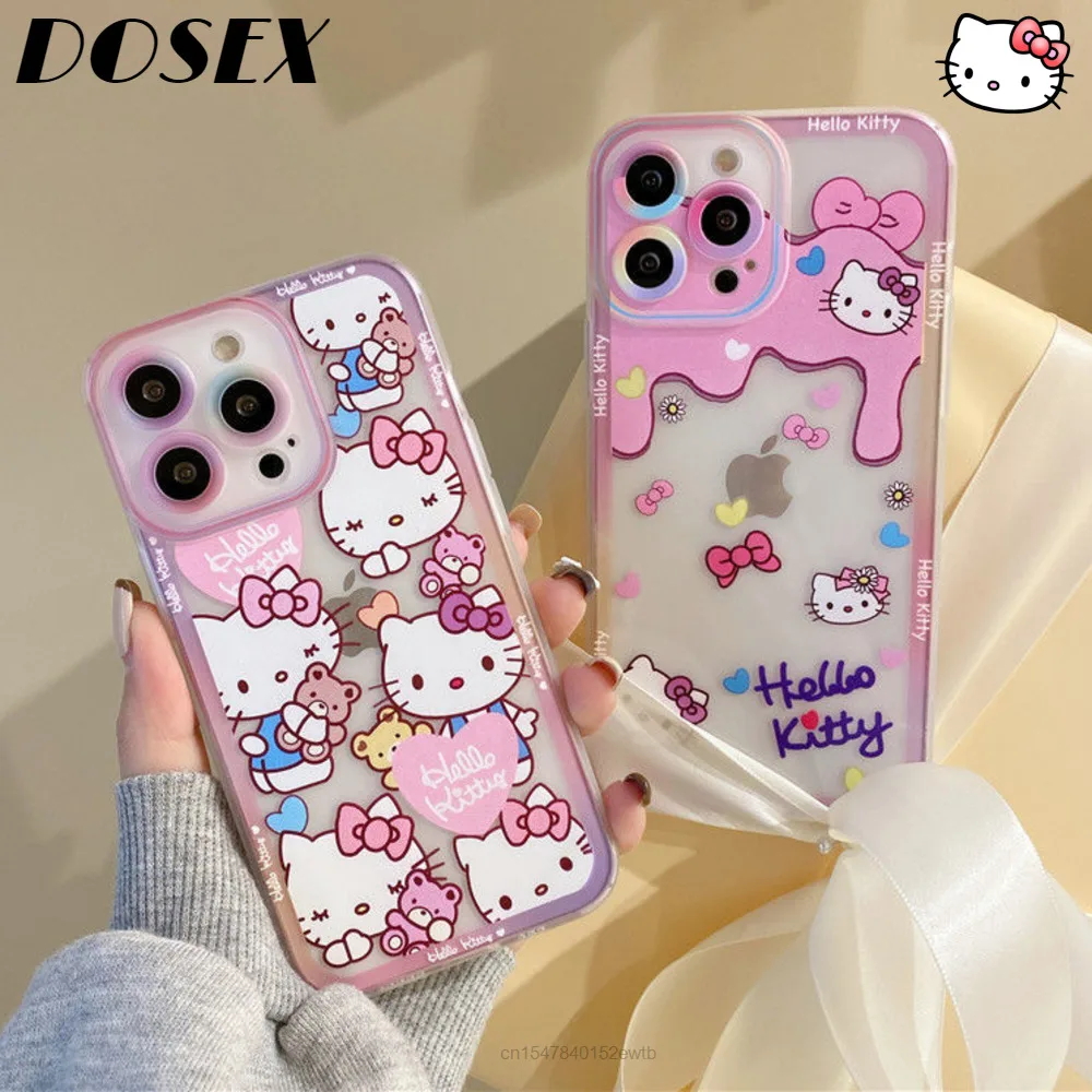 Sanrio-funda de Hello Kitty para iPhone, carcasa protectora transparente para iPhone 13, 12, 11 Pro Max, XS, X, XR, 8, 7 Plus