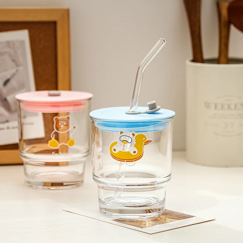 

400ml Cartoon Portable Star Straw Cup Sealed Glass Juice Heat-resistant Seal Coffee Water Bottle Travel Mug Supplies