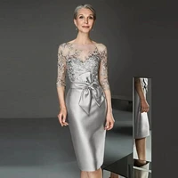 elegant silver satin mother of the bride dresses lace appliques bow sheath knee length wedding gust dress robe de soir%c3%a9e femme