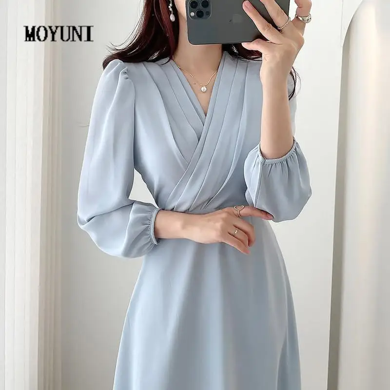 

Vestidos Mujer Chic Autumn Temperament Elegant Slim V Puff Long Sleeve Chiffon Dress Lady A Line Long Robe Femme Party