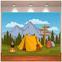 Cartoon Camping Backdrop Forest And Mountain Scenery Outdoor Campfire Camper Tent  Birthday Party Background Hiking Climbing