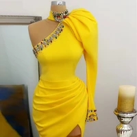 yellow white long sleeve satin cocktail dresses high neck one shoulder crystal slit party vestidos de gala formal prom gown robe