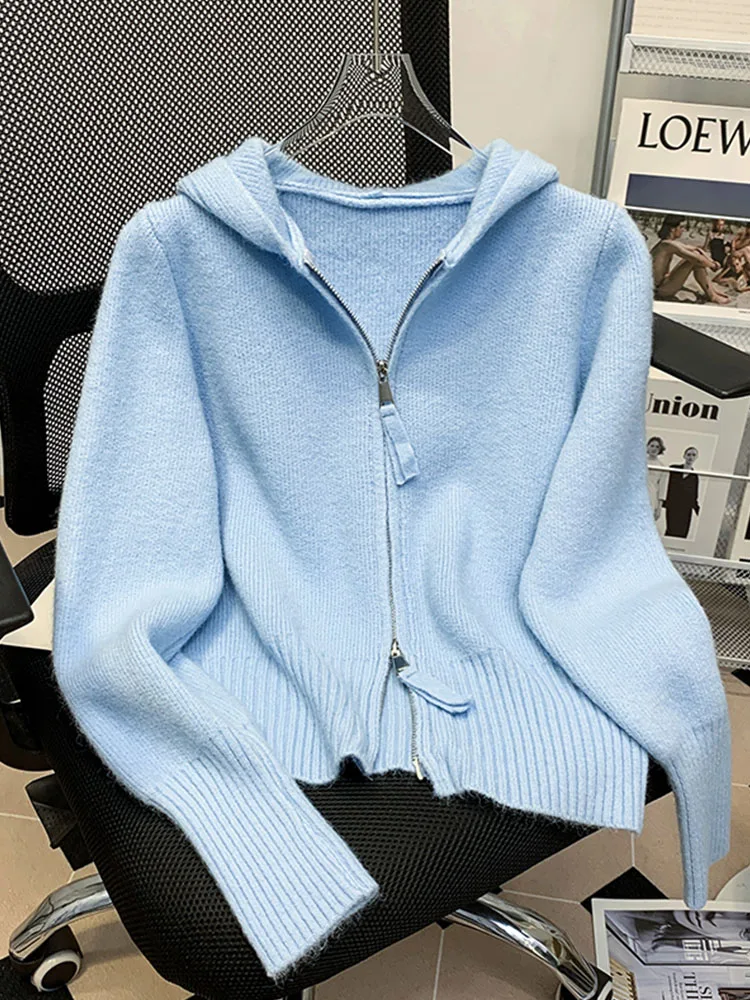 Женский однотонный кардиган с капюшоном простой облегающий свитер длинным