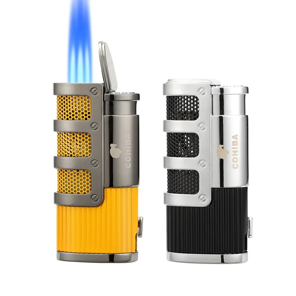 

COHIBA Creative Blue Flame 3 Jet Lighter Metal Windproof Torch Inflatable Cigar Diamond Smoking Accessories Portable Gift Box