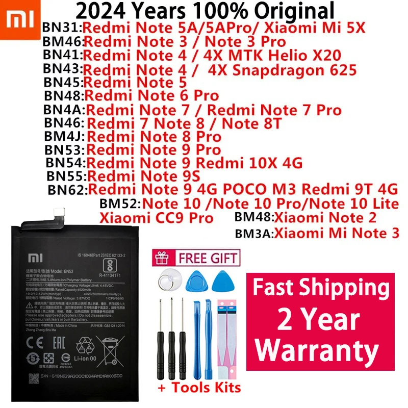 100% Оригинальный аккумулятор Xiaomi Redmi Hongmi MI Note 2 3 4 4X 5A 5X 6 7 8 8T 9 9S 9T 10 10X 4G CCP Pro Lite