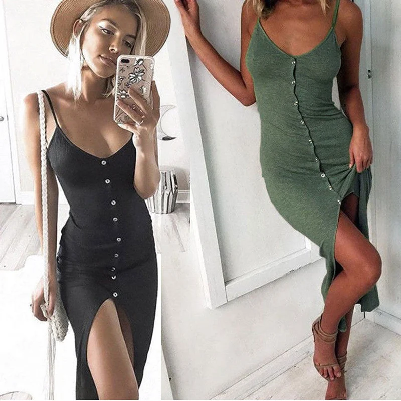 

Kayotuas Women Dress New Summer Sexy Fashion Ladies Sleeveless V-Neck Skinny Solid Button High Waist Ankle-Length Streetwear