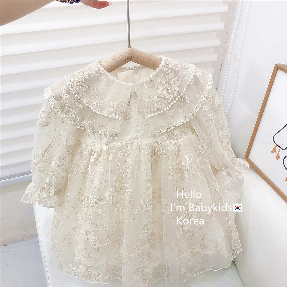 

2022 Dress A-line Knee Length O-neck Collar Full Sleeve Pullover Solid Lace Simple Fashion Elegant Fashion Autumn Children Girls