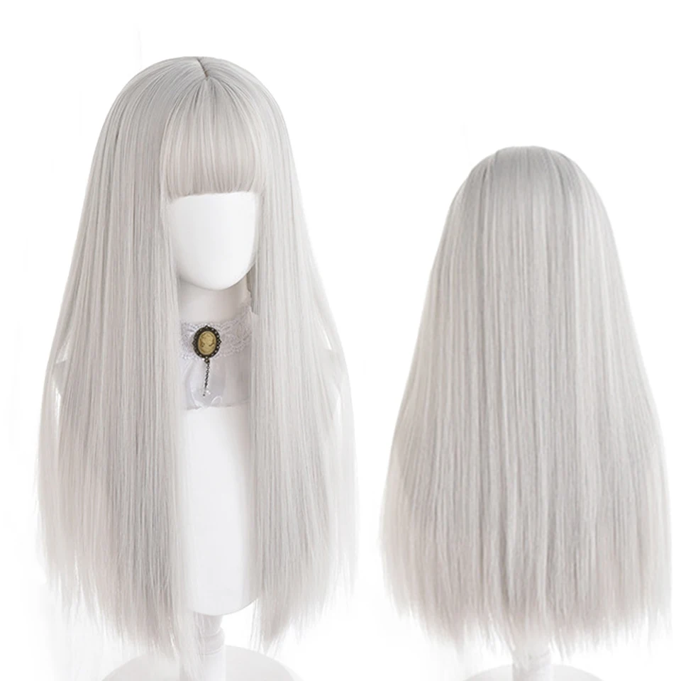 

DIFEI Synthetic Long Straight Lolita Wig Silver Grey Ombre Fakehair With Bangs Cosplay Natural Heat Resistant Wigs For Women