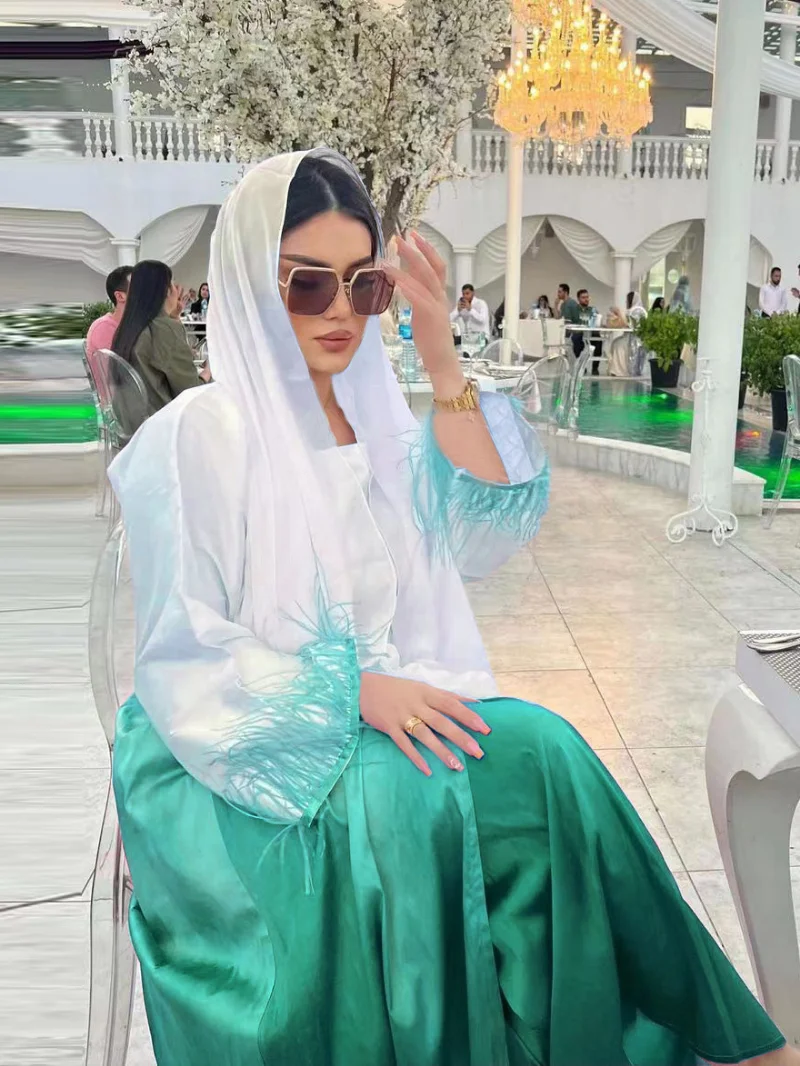Eid Abaya Dress for Women Satin Feather 2 Piece Dresses Set Woman Party Abayas Ramadan Dubai Robe Caftan Vestidos Kaftan 2023