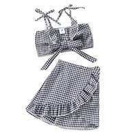 summer baby girls clothing two piece cotton lovely outfits plaid pattern spaghetti strap bowknot crop tops ruffled edges skirts