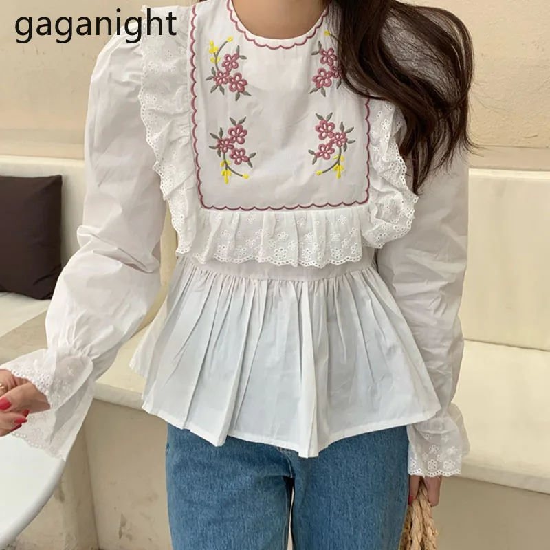 

Gaganight Women Shirt 2021 Spring Autumn Korean Chic Sweet Retro Doll Collar Flower Embroidery Stitching Lace Puff Sleeve Blouse