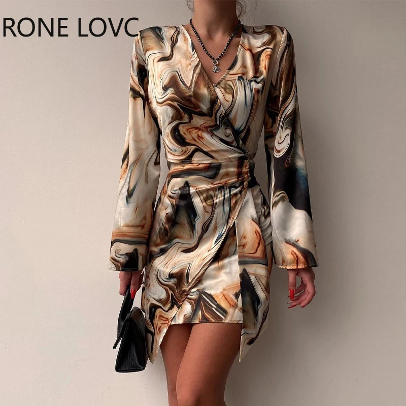 

Women Chic V Neck Waistband Long Sleeve All Over Print Abstract Pattern Mini Bodycon Print Dress