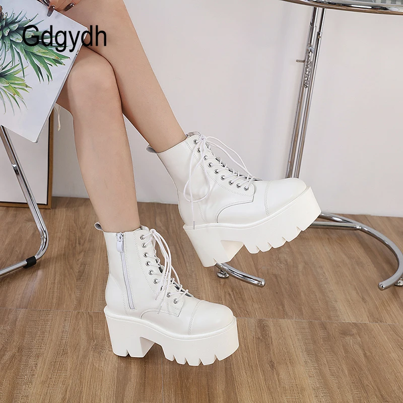 Gdgydh Platform Heeled Boots White Cross-tied Trendy Shoes Women Heels Round Toe Ankle Booties Comfort College Student Shoes