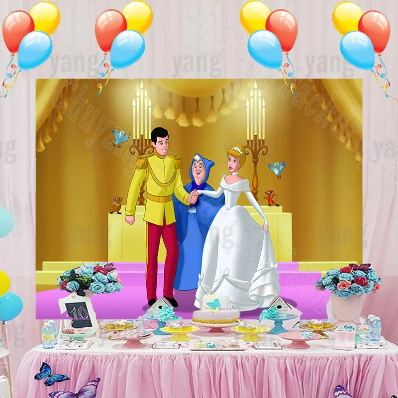 Disney Wedding Yellow Castle Cinderella Girls Princess Backdrop Background Decoration Happy Birthday Party Baby Shower Banner enlarge