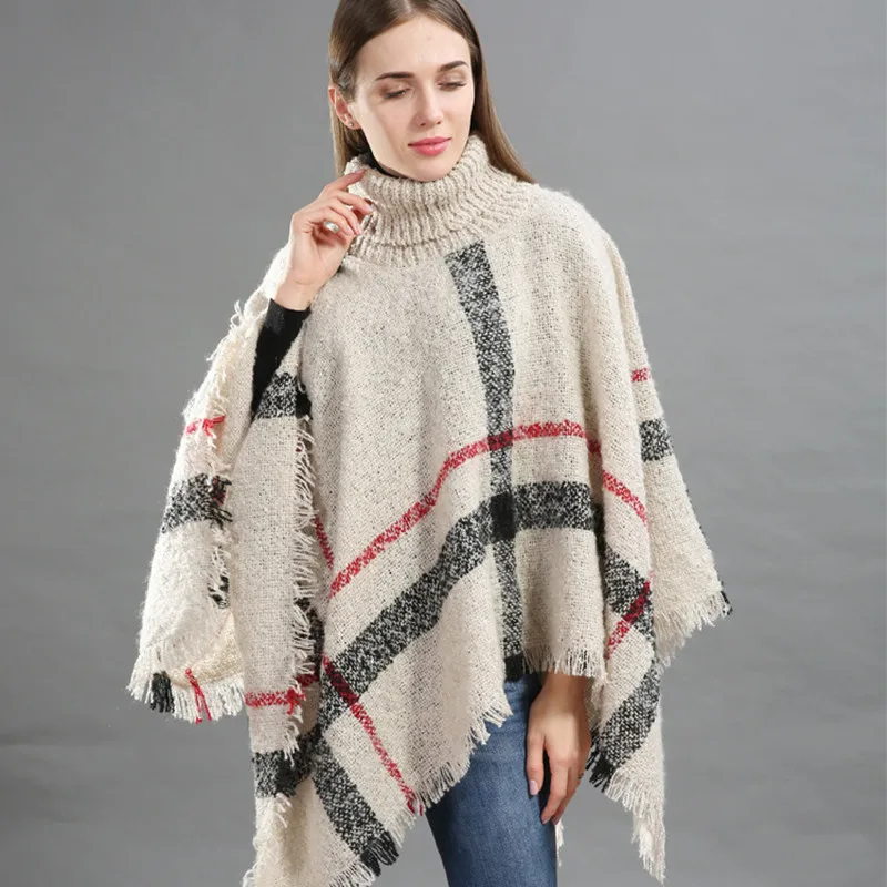 

Casual Winter Warm Turtleneck Capes Ponchos for Women Oversized Shawls Wraps Tassel Fringe Knitted Pashmina Ladies Mujer Cloak