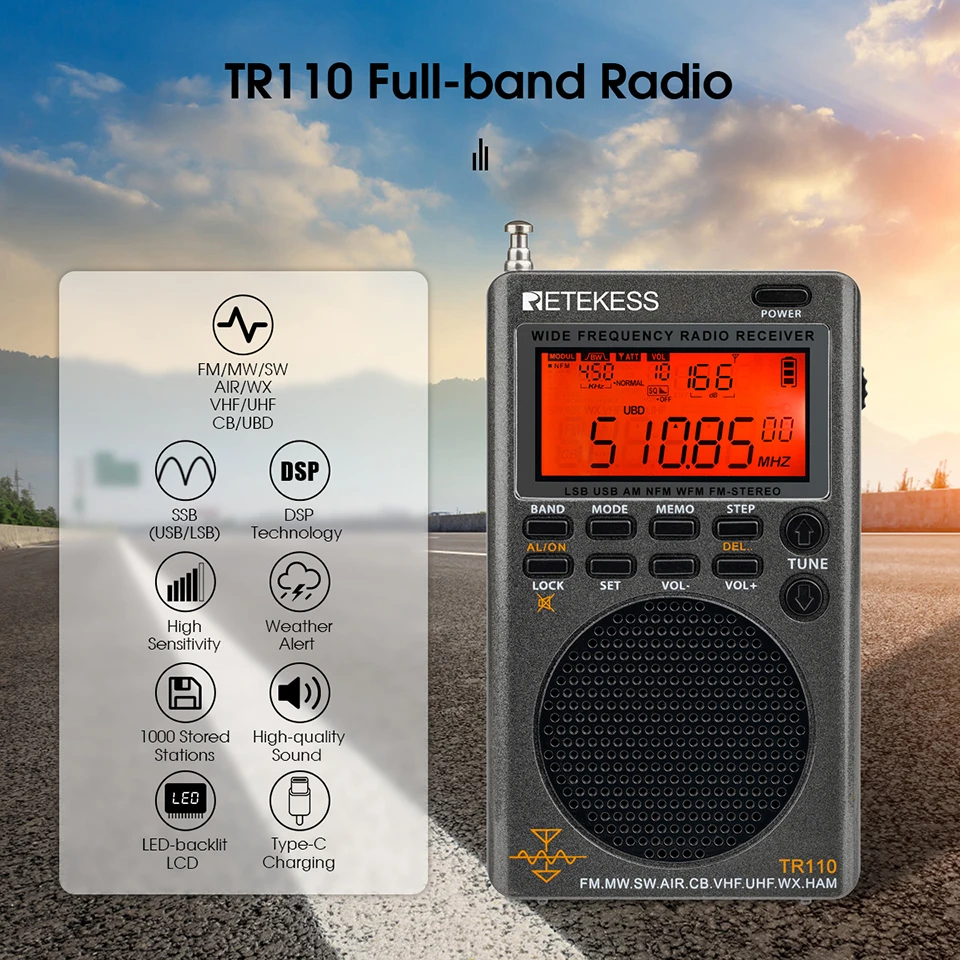 Retekess TR110 портативный SSB коротковолновый радио FM/MW/SW/LSB/AIR/CB/VHF/UHF Полный диапазон NOAA