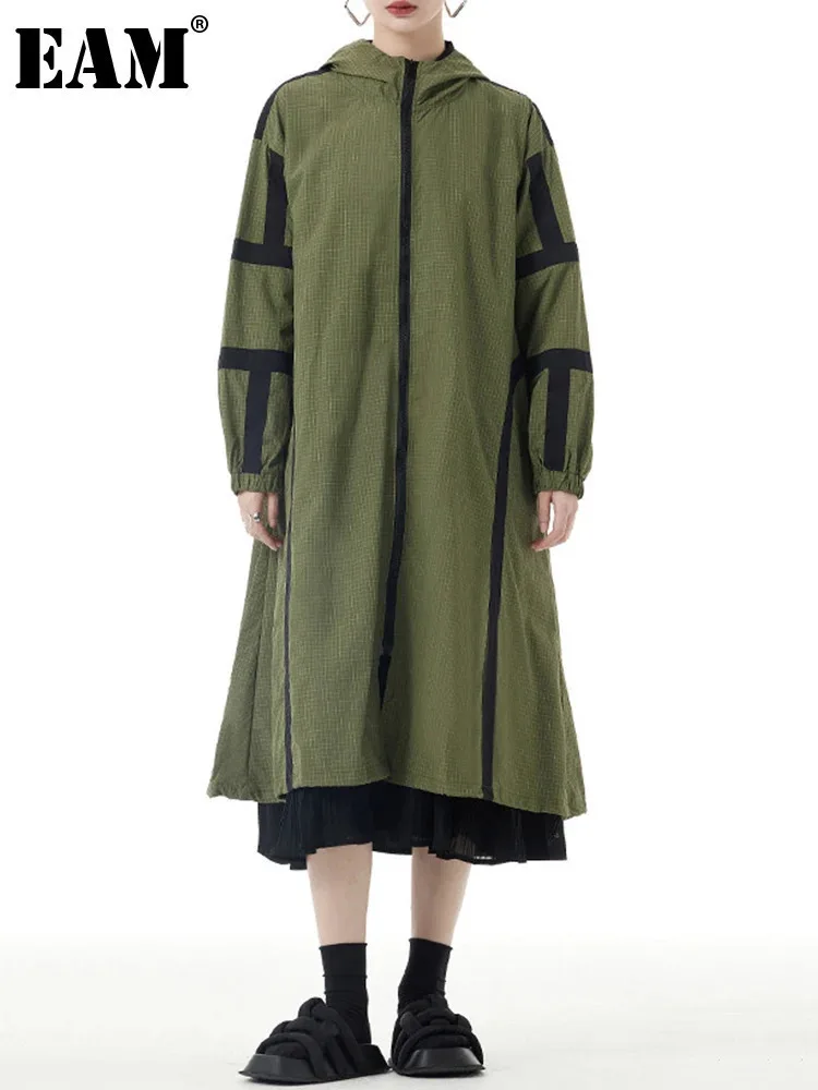 ] damska zieleń wojskowa duży rozmiar trencz nowa wiatrówka z kapturem i długim rękawem na zamek moda fala wiosna jesień 2024 1DH5163