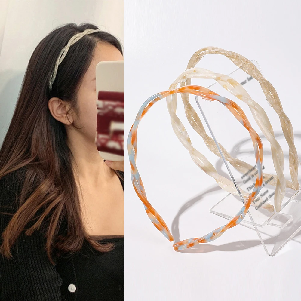 

2022 New Korean Style Sweet Acetate Braided Acrylic Plastic Headband Women Girls Tortoiseshell Hairband Simple Hair Clip Hoop