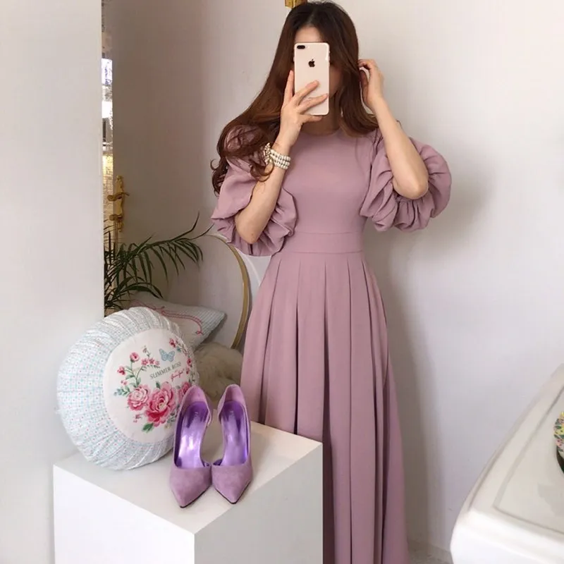 

Korean Solid Casual Chic Elegant Women Dress 2023 Summer Vestido Round neck High waist Straps Lantern sleeves Pleated Long Dress