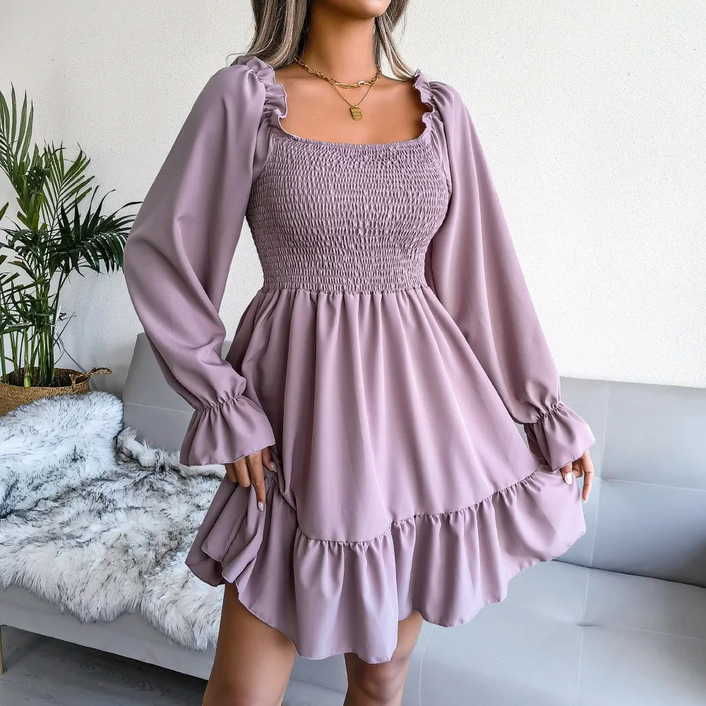 

Square Collar Horn Long Sleeve Ruffled Dress Amazon Explosions Cross-border Women Spring/summer 2023 Sexy Dress