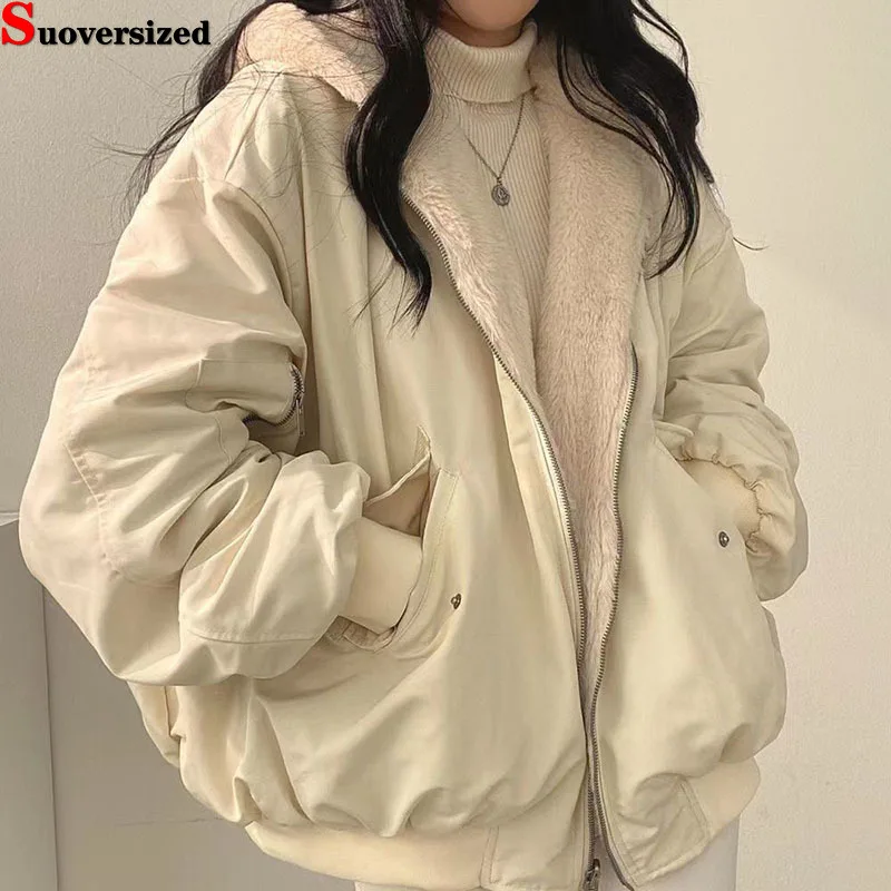 

Warm Lambswool Loose Hooded CoatsChaquetas Women Oversized Fshion Short Outerwears Winter Thicken Casual Two Sided Plush Jacket