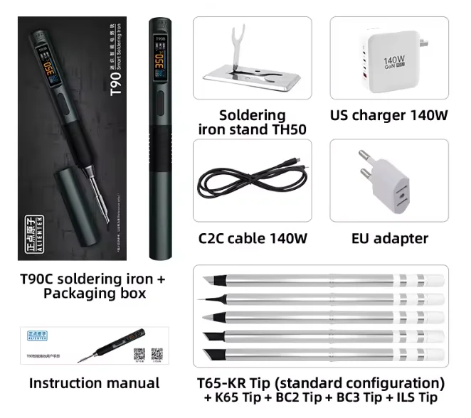 

Комплект паяльника ALIENTEK T90 140 Вт PD, регулируемый 80–450 ℃ 28 В постоянного тока с наконечниками C245 C210 T65