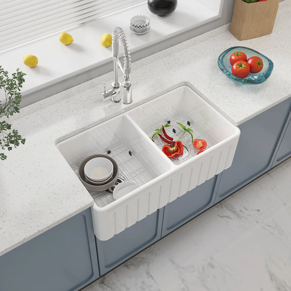 

33 inch modern kitchen sink rectangular farmhouse cupc double bowl fireclay white sink