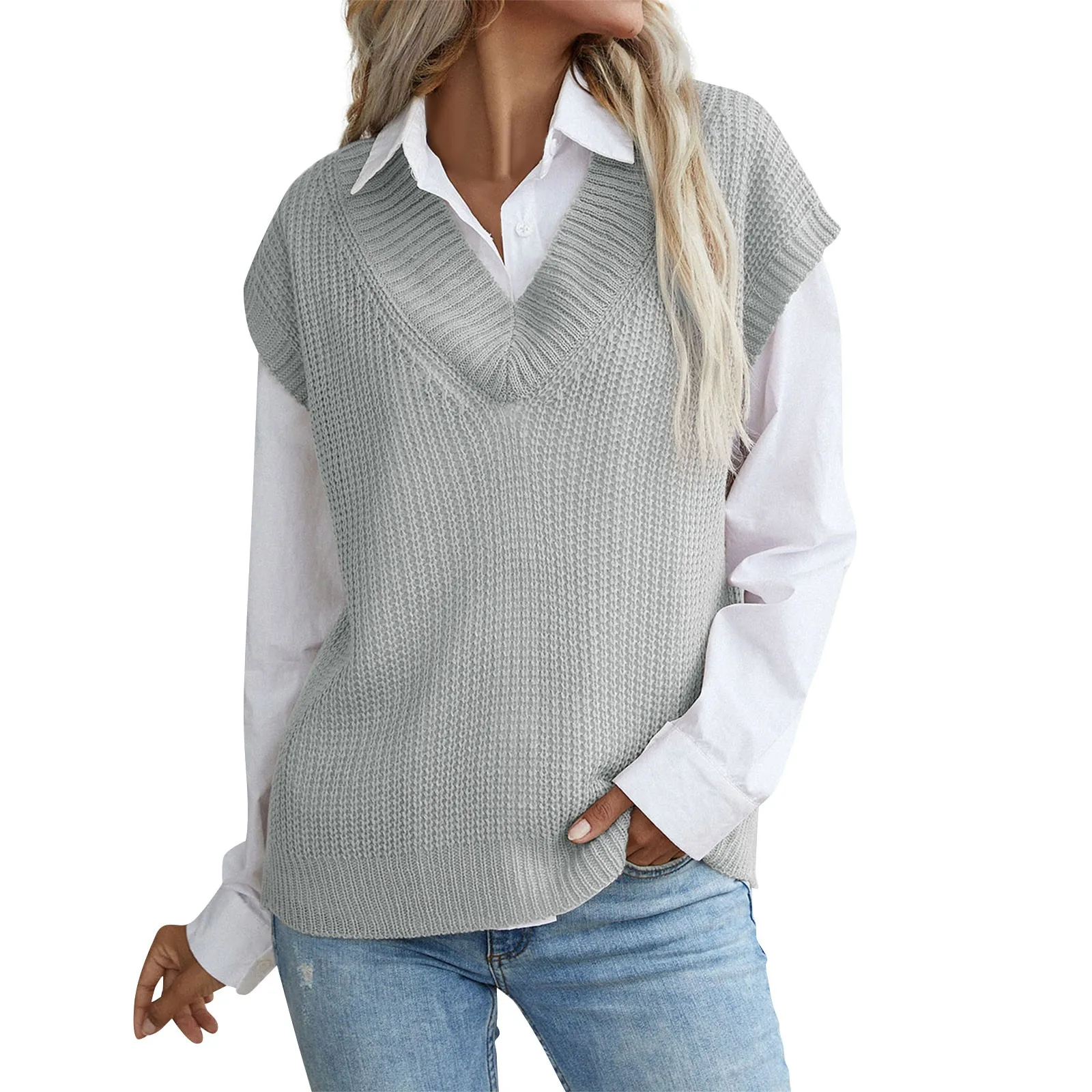 Жилет с V-образным вырезом Женский однотонный вязаный свитер без рукавов