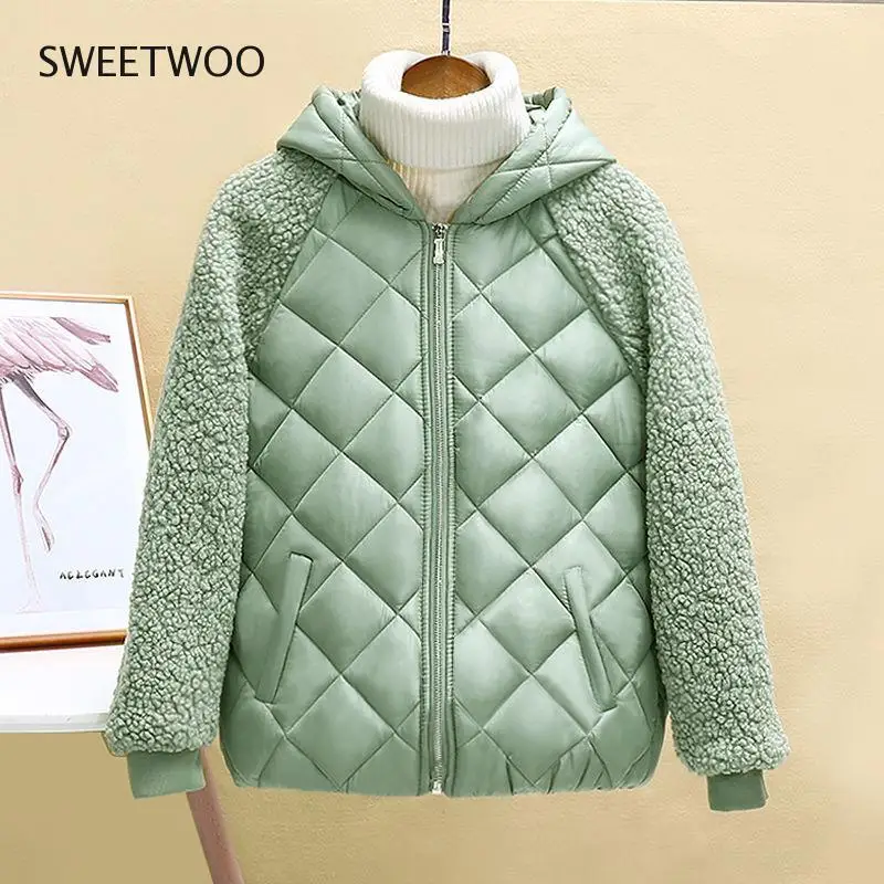 Thin Light Down Cotton Jacket Female Short Coat Autumn Winter Women's 2022 Hooded Loose Imitation Lamb Wool Cotton Jacket Tide