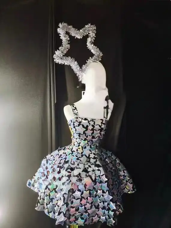 Сексуальное блестящее лазерное зеркальное платье с разрезом певица ведущая