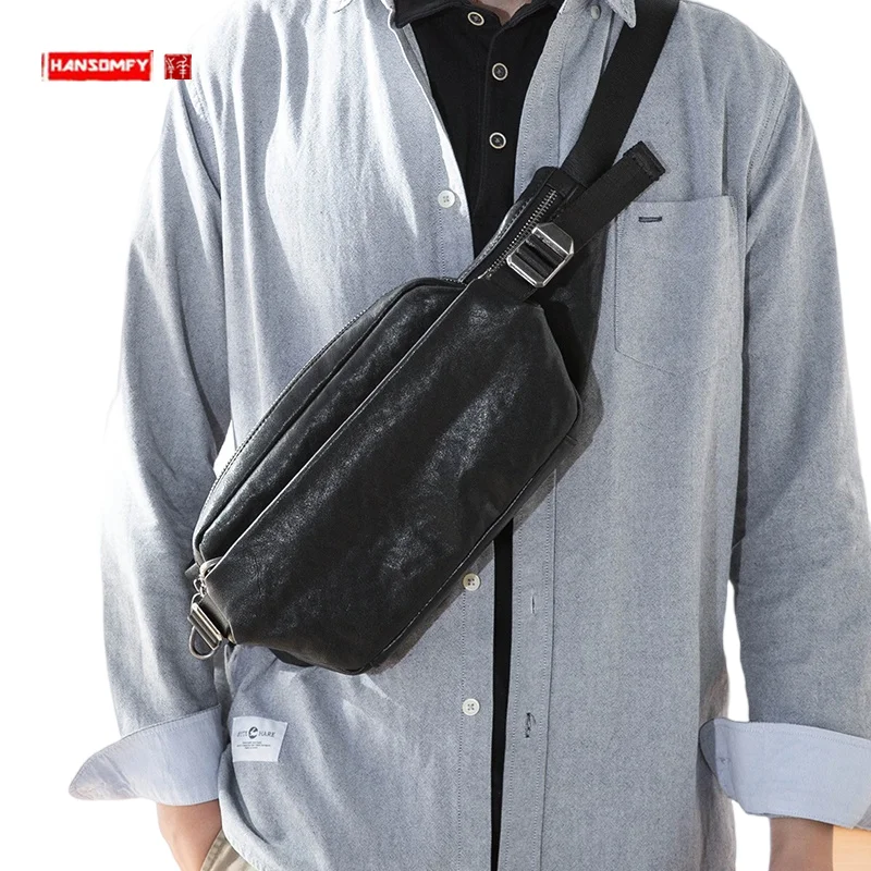 Men's Chest Bag Leather Messenger Bag Men Fashion Brands First Layer Cowhide Shoulder Bag Multi-Functional Chest Bag Small Soft