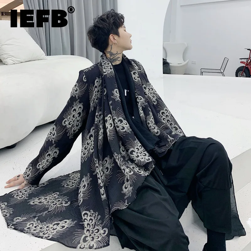 

IEFB Dark Style Men's Trench Fake Two-piece Printing Contrast Color Collarless Long Coat 2023 Spring Male New Fashion 9A7850