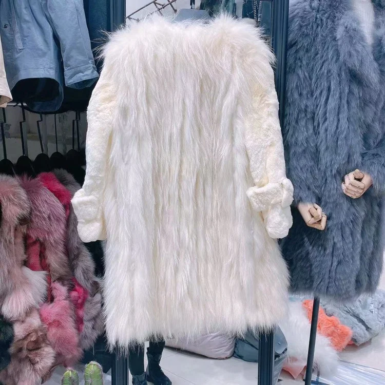New Raccoon Fur Spokes with Rex Rabbit Fur Sleeves Mid-Length Coat Women's Long Sleeve Solid Color Faux Fur Jacket