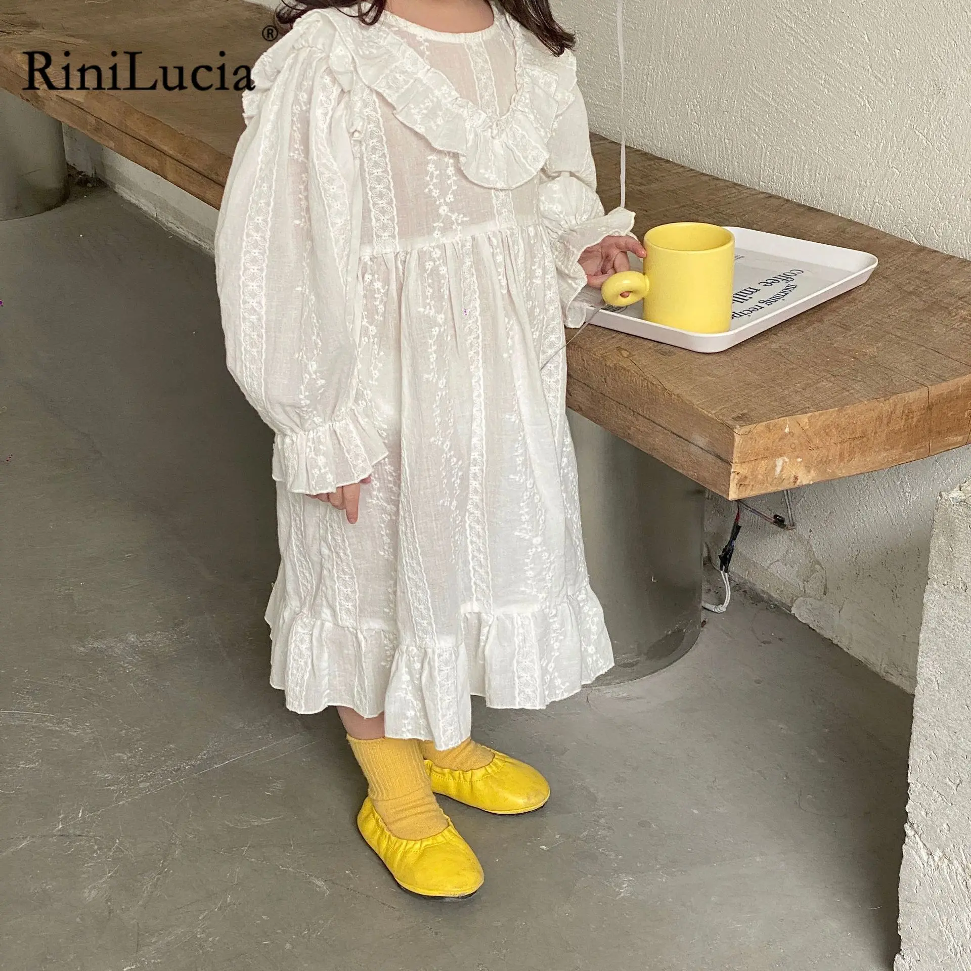 

RiniLucia Fashion Children Kids Baby Girls Autumn Party Dress Ruffles Long Sleeve Solid Cotton Casual A-line Dress Clothes