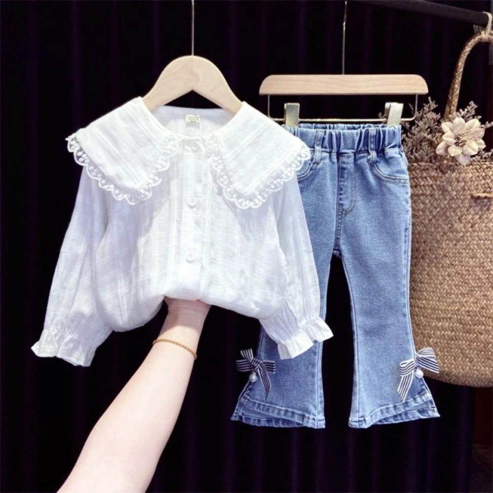 

Girls' Spring Summer Autumn Suit Western Style Small Girl Long Sleeve Shirt + Jeans Two-piece Girl Clothes Kids Clothes