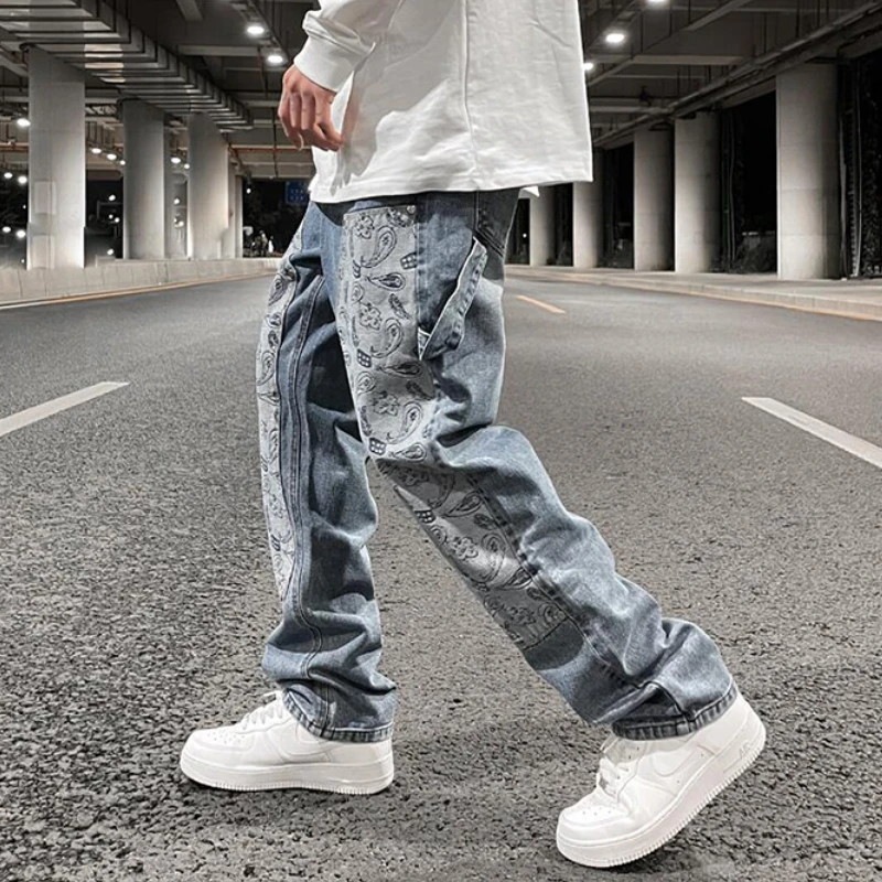 Fashion Denim Straight Jeans Mens Hip Hop Patchwork Paisley Jeans Streetwear Zipper Trousers New Casual Joggers Jeans Pants