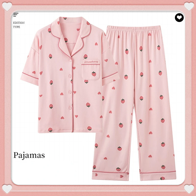 Women's Summer Pajamas Thin Cotton Lapel Cardigan Short-sleeved Trousers Home Service Suit Comfortable and Cute Style Sleepwear
