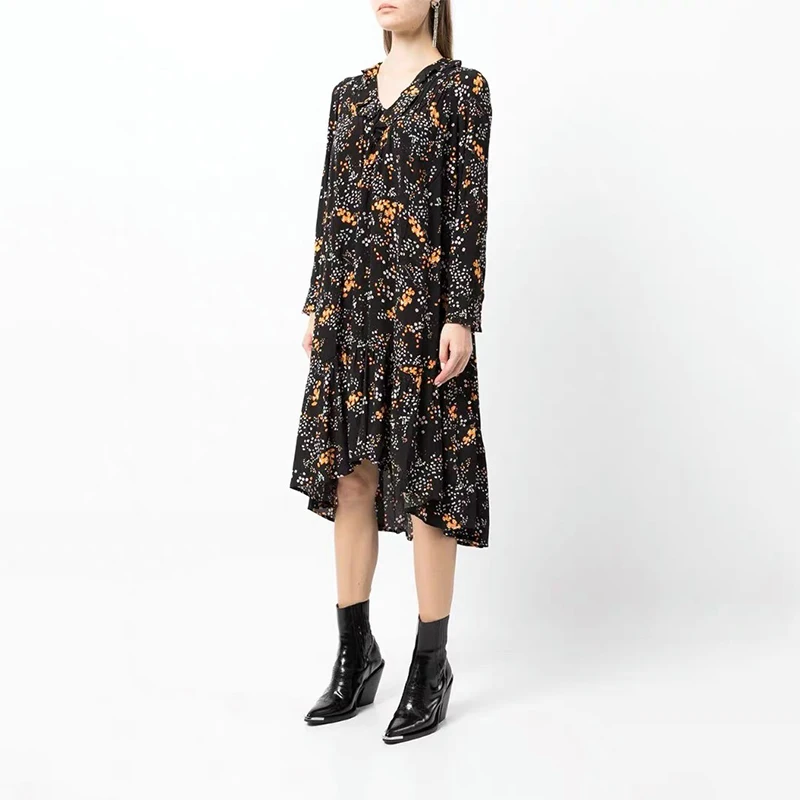 

Floral Print Dress for Women V-Neck Frilled Detail Long Sleeve Elastic Waist with Belt Viscose Fashion Casual Retro dresses