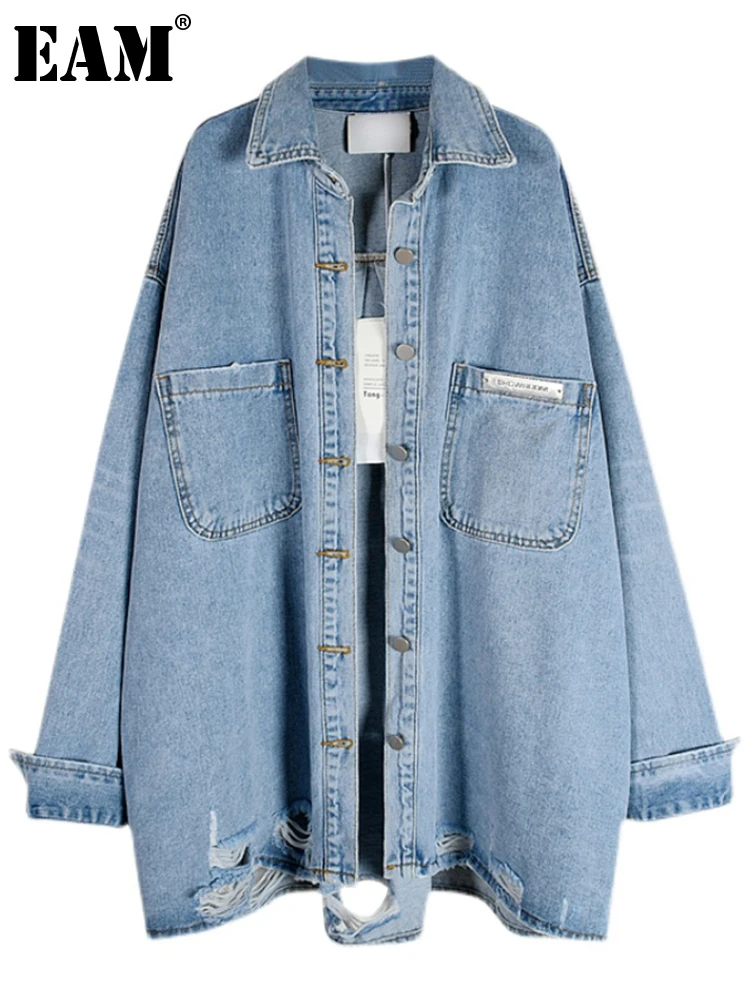

[EAM] Loose Fit Gray Denim Big Size Casual Jacket New Lapel Long Sleeve Women Coat Fashion Tide Spring Autumn 2022 1DE6758