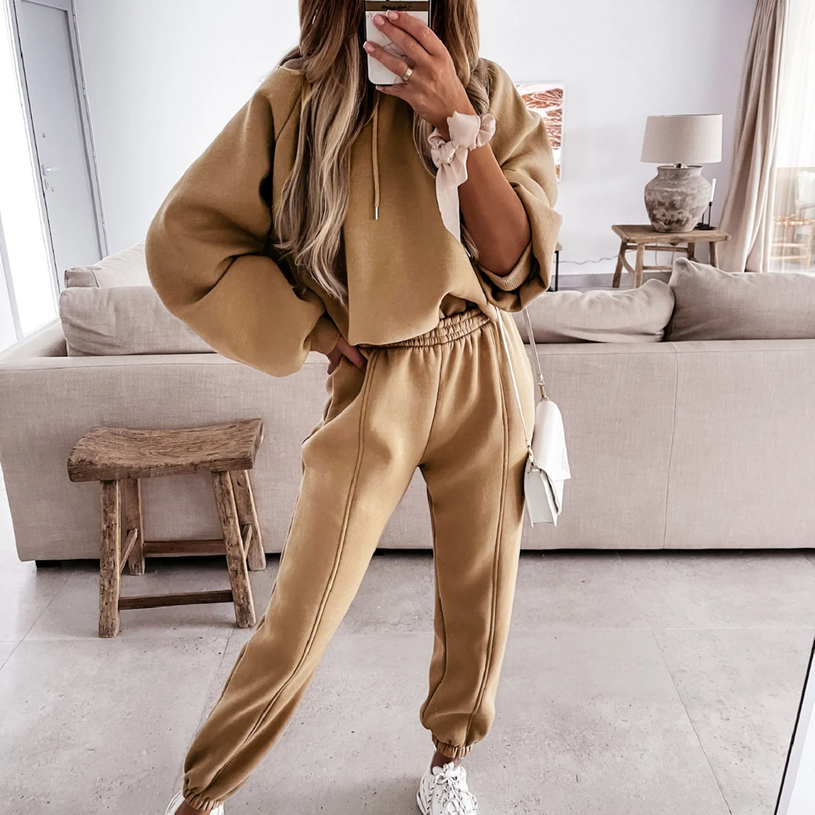 

Women Solid Casual Sports Suit Loose Long Sleeves Drawstring Hooded Pullover Sweatshirt Wlastic Waist Oversize Straight Trousers