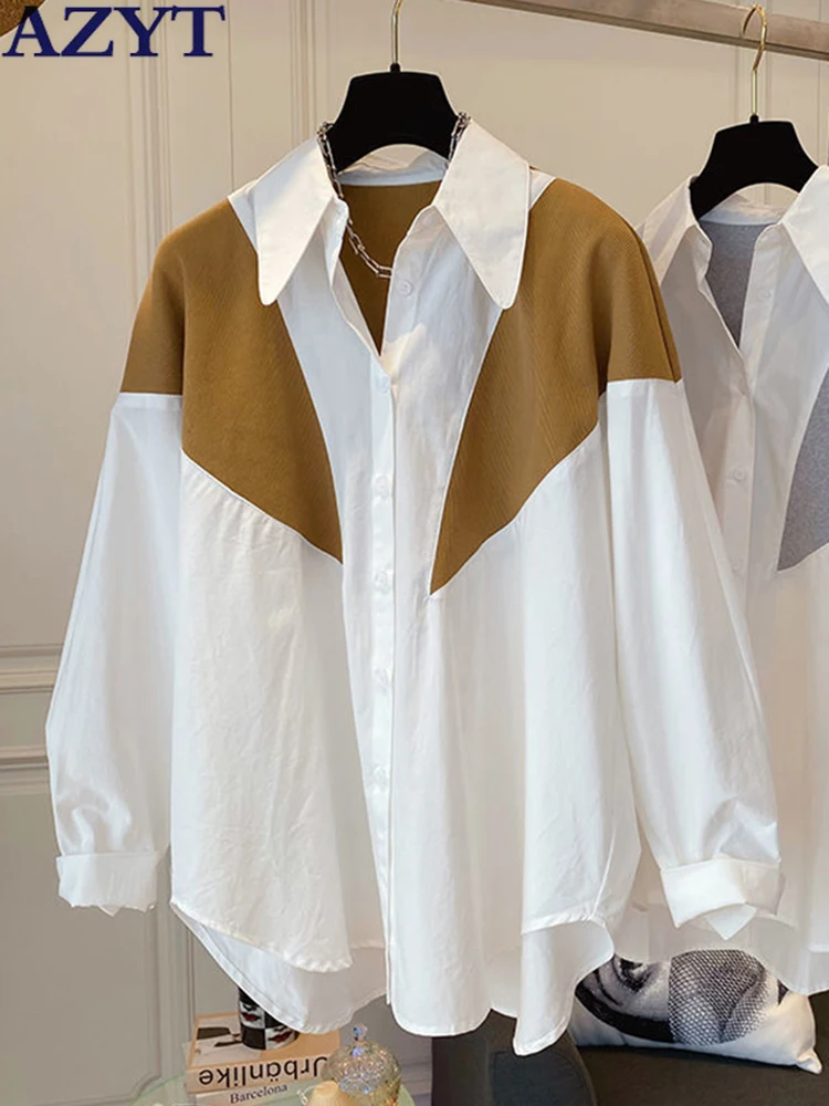 

AZYT Korean Fashion Patchwork Women's Shirt Turn Down Collar Casual blusas mujer de moda 2022 Spring Autumn Elegant Lady Blouse