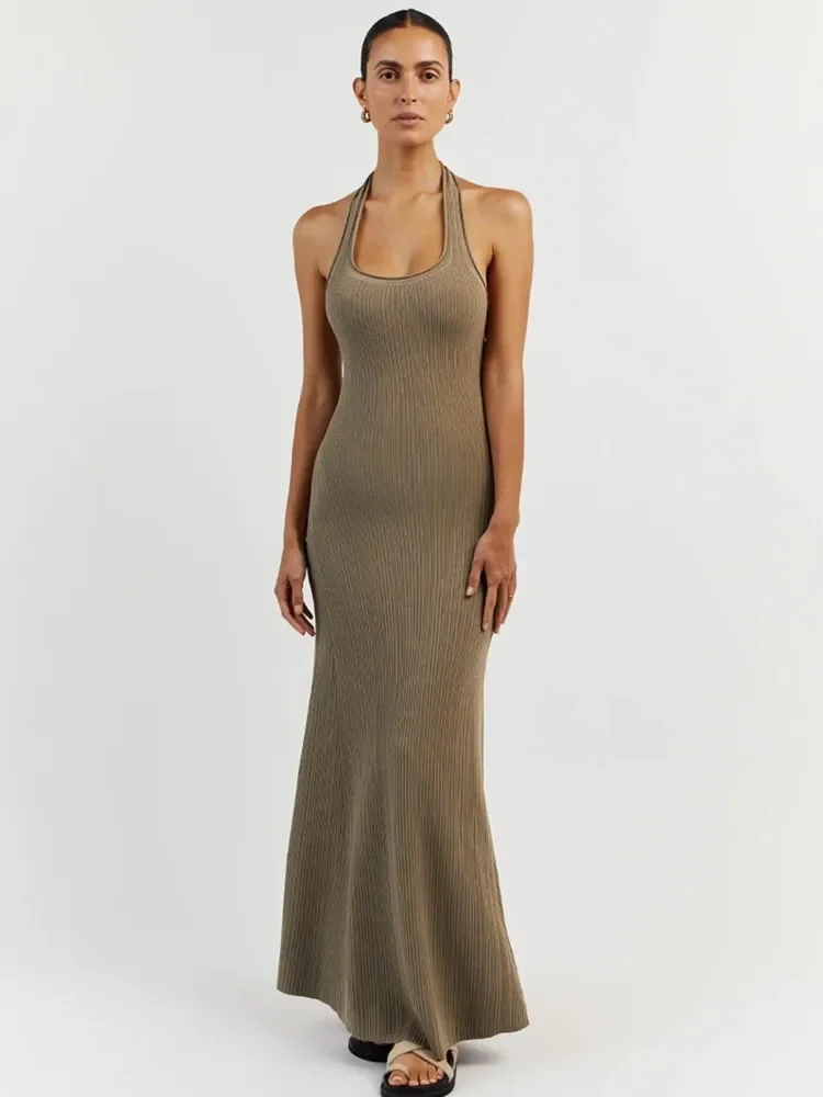 

Sexy Solid Backless Women Knitted Halter Midi Dress Elegant U-neck Sleeveless Bodycon Maxi Dress Summer Female Chic Beach Robe