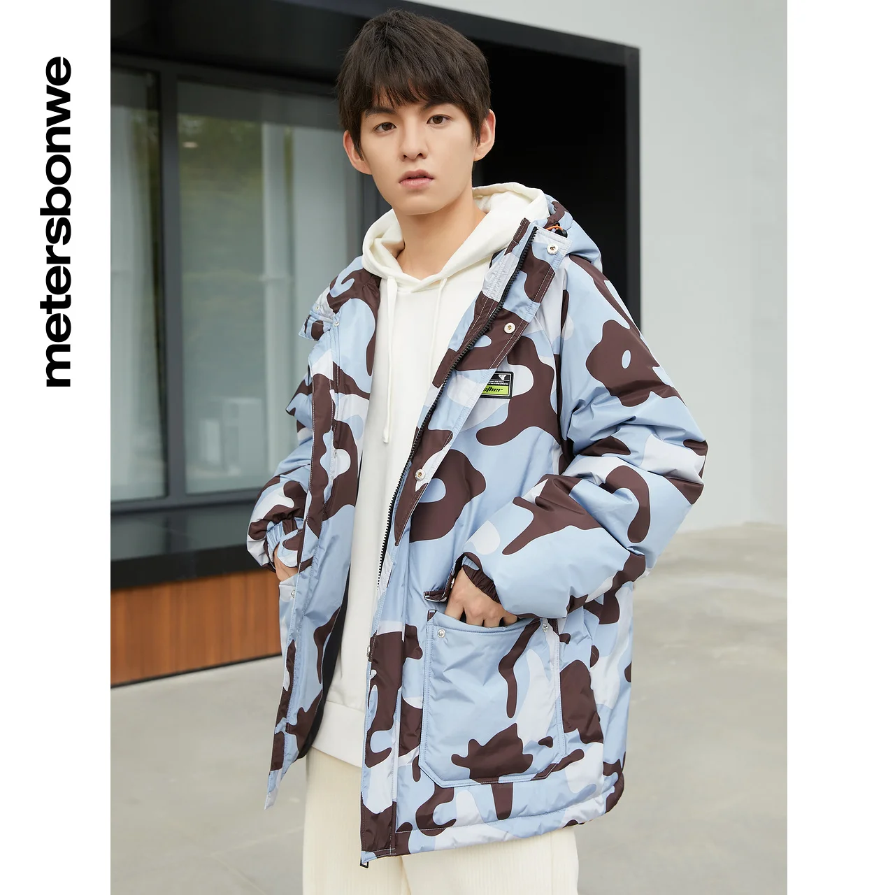 Metersbonwe Camouflage Cargo Hooded Down Jacket For Men Loose 80% Gray Duck Down Jacket Student Young Warm Down Coat