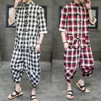 summer suit2022mens new chinese style cotton linen plaid casual cardigan two piece suit hanfu mens clothing batch
