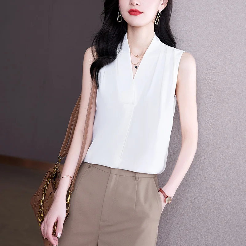 

Шелковая Свободная Женская футболка, летняя повседневная однотонная атласная футболка без рукавов, новинка 2022, модная женская сексуальная ...