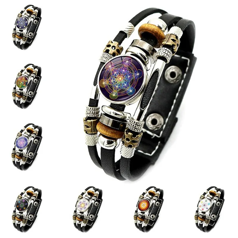 

Mysterious Metatron Cube Vintage Bracelet Sacred Geometry Flower of Life Snap Button Multilayer Punk Leather Bracelet Wholesale